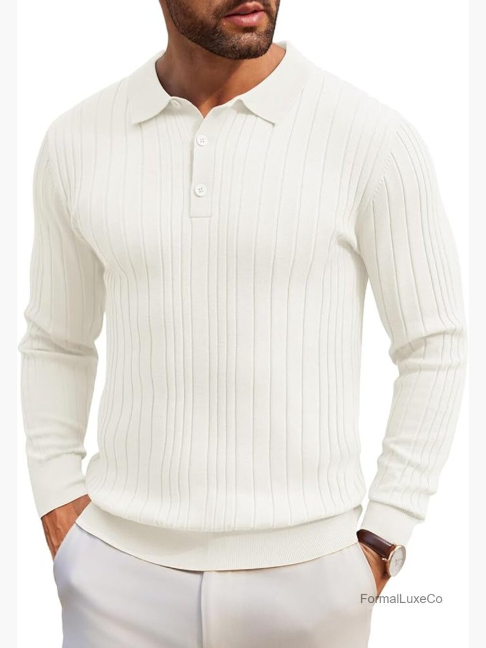 Men's Long Sleeve Knit Polo Shirt Casual Button Down Ribbed Golf Top